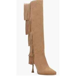 Vince Camuto $269 Panaryaz Knee Tan Gold Stud Fringe Knee High Boot NEW